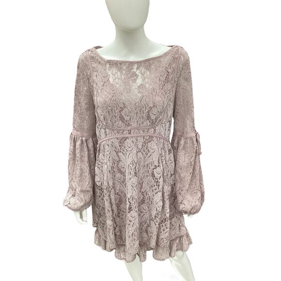Free People Dress Women’s SZ M Lace Ballon Sleeves Knee Length Light Mauve Color - Picture 1 of 6